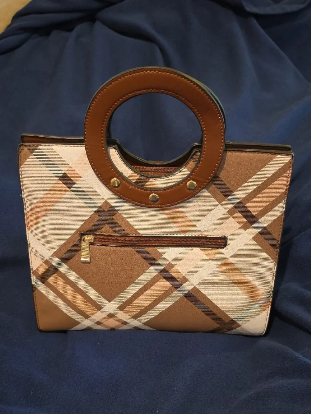 Plaid Brown Circular-Handle Tote Bag